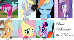 Size: 1254x680 | Tagged: safe, artist:fineartobserver, applejack, fluttershy, pinkie pie, rainbow dash, rarity, twilight sparkle, g4, disney, mane six, parody, snow white