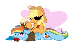 Size: 3300x2100 | Tagged: safe, artist:littletiger488, applejack, rainbow dash, g4, angry, apple gag, blushing, bondage, chest fluff, cider, clothes, costume, drink, ears back, eyepatch, female, gag, glare, high res, lesbian, prone, rope, ship:appledash, shipping, smiling, smirk, tankard, teasing, tied up