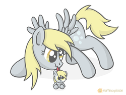 Size: 1600x1200 | Tagged: safe, artist:muffinexplosion, derpy hooves, pegasus, pony, g4, female, licking, mare, toy
