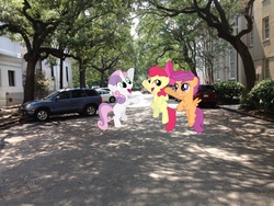 Size: 3264x2448 | Tagged: safe, artist:serindo, apple bloom, scootaloo, sweetie belle, earth pony, pony, g4, cutie mark crusaders, high res, irl, jumping, photo, ponies in real life, street, vector