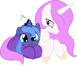 Size: 475x408 | Tagged: safe, artist:canon-lb, princess celestia, princess luna, pony, g4, blanket, cewestia, cuddling, cute, filly, happy, lunabetes, open mouth, pink-mane celestia, prone, s1 luna, simple background, smiling, snuggling, surprised, transparent background, vector, woona
