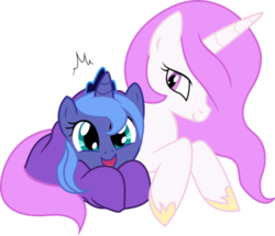 Size: 475x408 | Tagged: safe, artist:canon-lb, princess celestia, princess luna, alicorn, pony, g4, blanket, cewestia, cuddling, cute, filly, happy, lunabetes, open mouth, pink-mane celestia, prone, s1 luna, simple background, smiling, snuggling, surprised, transparent background, vector, woona