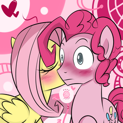 Size: 1000x1000 | Tagged: safe, artist:celine-artnsfw, fluttershy, pinkie pie, earth pony, pegasus, pony, g4, blushing, bubble berry, cheek kiss, duo, female, half r63 shipping, kissing, male, mare, rule 63, ship:bubbleshy, ship:flutterpie, shipping, stallion, straight, surprise kiss