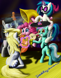 Size: 400x507 | Tagged: safe, artist:deathpwny, derpy hooves, dj pon-3, lyra heartstrings, octavia melody, pinkie pie, vinyl scratch, pegasus, pony, g4, female, mare, musical instrument