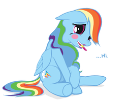 Size: 780x650 | Tagged: safe, artist:jakneurotic, rainbow dash, pegasus, pony, g4, alternate hairstyle, blushing, embarrassed, female, lipstick, makeup, mare, simple background, sitting, solo, white background