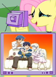 Size: 563x771 | Tagged: artist needed, source needed, safe, fluttershy, pony, g4, blatant lies, denial, exploitable meme, happy ending, kamina, meme, nia teppelin, simon, tengen toppa gurren lagann, tv meme