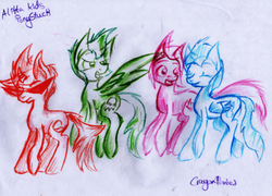 Size: 500x359 | Tagged: safe, artist:crayonponies, pegasus, pony, unicorn, g4, dirk strider, female, folded wings, group, homestuck, horn, jake english, jane crocker, male, ponified, quartet, roxy lalonde, spread wings, sunglasses, traditional art, wings