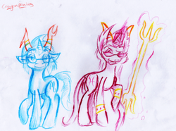 Size: 500x371 | Tagged: safe, artist:crayonponies, pony, 2x3dent, aranea serket, colored pencil drawing, duo, female, homestuck, magic, mare, meenah peixes, ponified, species swap, telekinesis, traditional art, trident