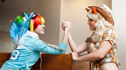 Size: 900x503 | Tagged: safe, artist:rose0fmay, applejack, rainbow dash, human, g4, cosplay, costume, irl, irl human, photo