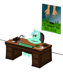 Size: 525x615 | Tagged: safe, artist:liebatron, lyra heartstrings, g4, desk, hand, humie, lamp, poster, the x files