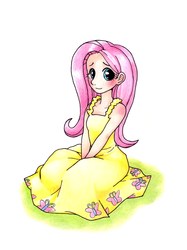 Size: 2815x3760 | Tagged: safe, artist:nya-nannu, fluttershy, human, g4, clothes, dress, high res, humanized, simple background, solo, white background