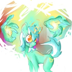 Size: 865x861 | Tagged: safe, artist:jazzteeth, lyra heartstrings, pony, unicorn, g4, female, hand, looking back, magic, magic hands, raised tail, solo, tail