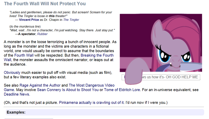 105907 Fourth Wall Knife Meta Nightmare Fuel Pinkamena Diane Pie Pinkie Pie Semi Grimdark Text The Fourth Wall Cannot Save You Tv Tropes Derpibooru derpibooru