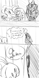 Size: 700x1400 | Tagged: safe, artist:tess, pinkie pie, oc, oc:anon, earth pony, human, pony, g4, butt, buttstuck, dialogue, female, mare, monochrome, open mouth, plot, sketch, speech bubble, stuck, thought bubble, through wall