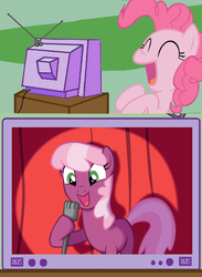 Size: 563x770 | Tagged: safe, cheerilee, pinkie pie, earth pony, pony, g4, exploitable meme, laughing, meme, stand-up comedy, tv meme