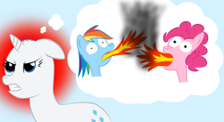 Size: 900x493 | Tagged: safe, artist:japaneseteeth, pinkie pie, rainbow dash, rarity, g4, bald, fire, fire breath, thought bubble