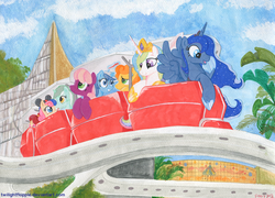 Size: 1390x1000 | Tagged: safe, artist:foxxy-arts, bon bon, carrot top, cheerilee, cherry jubilee, golden harvest, lyra heartstrings, minuette, princess celestia, princess luna, sweetie drops, alicorn, earth pony, pony, unicorn, g4, brushie, disney, disneyland, peoplemover