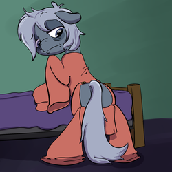 Size: 1440x1440 | Tagged: safe, artist:full stop, oc, oc only, oc:sleepyhead, pony, bed, butt flap, clothes, covering, onesie, pajamas, solo