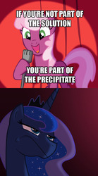 Size: 600x1080 | Tagged: safe, cheerilee, princess luna, g4, cheerilee pun, chemistry joke, exploitable meme, frown, luna is not amused, meme, science joke, stand-up comedy, tough critic luna, unamused