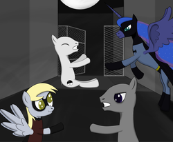 Size: 1600x1316 | Tagged: safe, artist:r-c-h, derpy hooves, princess luna, g4, arkham city, batman, cosplay, crossover, female, male, robin, ship:doctorderpy, shipping, straight