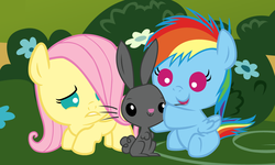 Size: 4800x2880 | Tagged: safe, artist:beavernator, fluttershy, rainbow dash, pony, rabbit, g4, baby, baby dash, baby pony, babyshy, filly, foal, younger