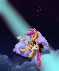 Size: 1000x1200 | Tagged: safe, artist:dotoriii, scootaloo, pegasus, pony, g4, bass guitar, cloud, crepuscular rays, female, guitar, hoof hold, musical instrument, night, on a cloud, scootabass, shooting star, solo