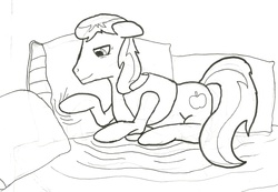 Size: 2130x1474 | Tagged: safe, artist:bhiggo, braeburn, earth pony, pony, g4, bed, half-asleep, male, pillow, sleeping, solo, stallion, wip