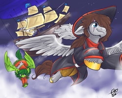 Size: 1280x1024 | Tagged: safe, artist:fizzy-dog, oc, oc only, pegasus, pony, airship, clothes, dress, flying, hat, pirate, scar, ship, unshorn fetlocks