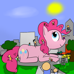 Size: 1000x1000 | Tagged: safe, artist:rapidstrike, pinkie pie, earth pony, pony, g4, boop, giant pony, giantess, lying down, macro, prone, riding