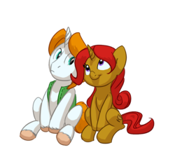 Size: 738x700 | Tagged: safe, artist:carnifex, oc, oc only, oc:spritzer, oc:sundae split, pony, unicorn, clothes, duo, female, head tilt, male, mare, sitting, stallion, vest