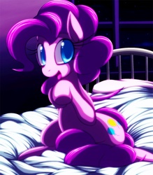 Size: 700x800 | Tagged: safe, artist:c.d.i., pinkie pie, earth pony, pony, g4, :d, bed, full body, happy, hooves to the chest, looking right, looking to the right, night, open mouth, open smile, smiling, solo, window