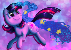 Size: 930x658 | Tagged: safe, artist:c-puff, twilight sparkle, pony, unicorn, g4, female, jumping, magic, mare, smiling, solo, stars