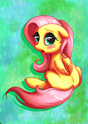 Size: 658x930 | Tagged: safe, artist:c-puff, fluttershy, pony, unicorn, g4, blushing, female, mare, signature, sitting, solo