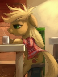 Size: 900x1200 | Tagged: safe, artist:grissaecrim, applejack, earth pony, pony, g4, bed mane, clothes, coffee, female, loose hair, mare, messy mane, morning ponies, sitting, sleepy, solo