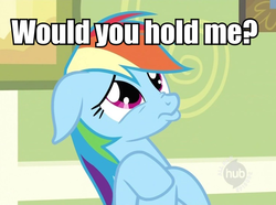 Size: 757x563 | Tagged: safe, rainbow dash, g4, bronybait, cute, floppy ears, image macro, pouting, sad