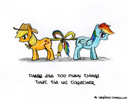 Size: 500x385 | Tagged: safe, artist:el-yeguero, applejack, rainbow dash, earth pony, pegasus, pony, g4, butt to butt, female, intertwined tails, lesbian, multicolored hair, ship:appledash, shipping, simple background, tail, tangled up, tied in a knot, together forever, upset, white background