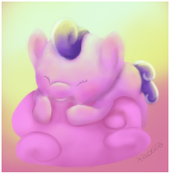 Size: 510x523 | Tagged: safe, artist:xiao668, screwball, pony, g4, baby, baby pony, biting, cloud, cute, foal, sleeping