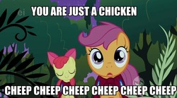 Size: 640x356 | Tagged: safe, edit, edited screencap, screencap, apple bloom, scootaloo, earth pony, pegasus, pony, g4, season 1, stare master, caption, duo, ei, female, filly, foal, hub logo, scootachicken, the room