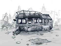 Size: 1024x768 | Tagged: safe, artist:agm, fallout equestria, ruins, sky bandit, vehicle, wagon, wasteland