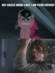 Size: 600x791 | Tagged: safe, pinkie pie, g4, andrea libman, big no, caption, darth vader, everfree network, grin, luke skywalker, open mouth, smiling, star wars, va panel
