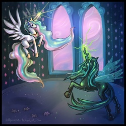 Size: 1000x1000 | Tagged: dead source, safe, artist:jellyvampire, princess celestia, queen chrysalis, alicorn, changeling, changeling queen, pony, g4, female, flying, glowing horn, horn