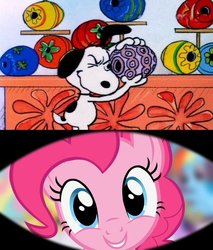 Size: 637x749 | Tagged: safe, pinkie pie, beagle, dog, earth pony, pony, g4, easter, easter egg, looking through, peanuts, snoopy