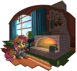 Size: 1150x1063 | Tagged: safe, artist:kittehkatbar, fluttershy, pegasus, pony, g4, bottomless, clothes, cottagecore, drink, female, fire, fireplace, frying pan, hot chocolate, pan, partial nudity, simple background, snow, solo, sweater, sweatershy, transparent background