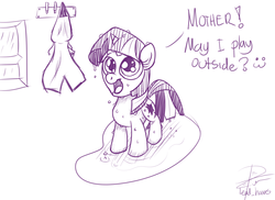 Size: 3300x2400 | Tagged: safe, artist:leadhooves, twilight sparkle, g4, :3, filly, high res, monochrome, sketch, text, wet