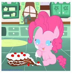 Size: 800x810 | Tagged: safe, artist:freewingss, pinkie pie, earth pony, pony, g4, baby, baby pie, baby pony, cake, female, filly, foal, kitchen, messy eating, solo