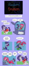 Size: 800x1815 | Tagged: safe, artist:krampuskind, pinkie pie, rarity, twilight sparkle, pony, unicorn, anthro, g4, comic, disney, eating, female, inflation, mare, obesity, reason and emotion, sweat, weight gain