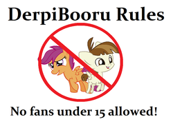 Size: 900x668 | Tagged: safe, featherweight, scootaloo, pegasus, pony, derpibooru, g4, blatant lies, colt, duo, duo male and female, fake, female, filly, foal, male, meta, prohibition sign, rules, simple background, white background