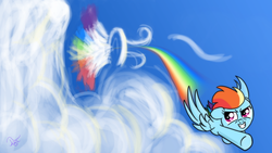 Size: 1920x1080 | Tagged: safe, artist:twilightsquare, rainbow dash, pegasus, pony, g4, cloud, female, filly, filly rainbow dash, flying, open mouth, sky, smiling, solo, sonic rainboom, spread wings, wings, younger