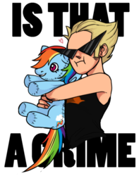 Size: 500x636 | Tagged: safe, artist:latulas-fine-ass, rainbow dash, human, pegasus, pony, g4, dirk strider, female, heart, homestuck, hugging a pony, male, mare, plushie