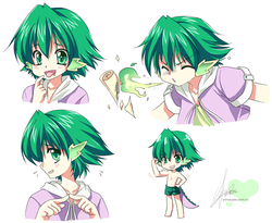Size: 700x575 | Tagged: safe, artist:sakuranoruu, spike, human, g4, blushing, chibi, clothes, cute, expressions, eyes closed, flexing, green fire, hoodie, humanized, male, moe, open mouth, solo, sweat, swimsuit, tailed humanization